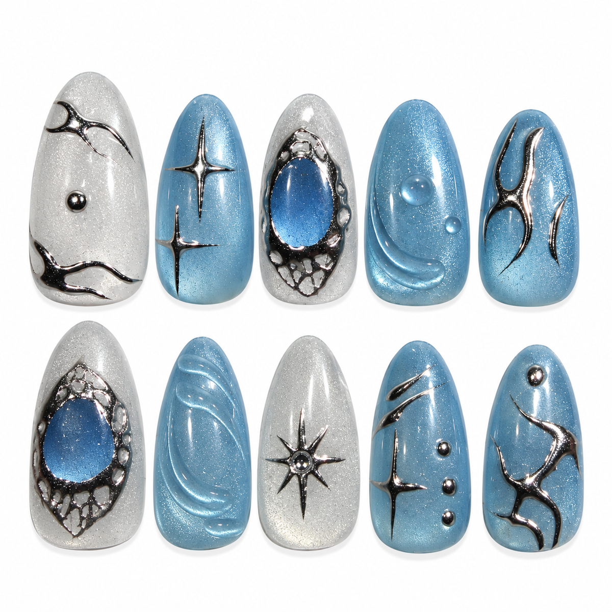Blue Orbit icy blue cat eye celestial almond press-on nails with silver details