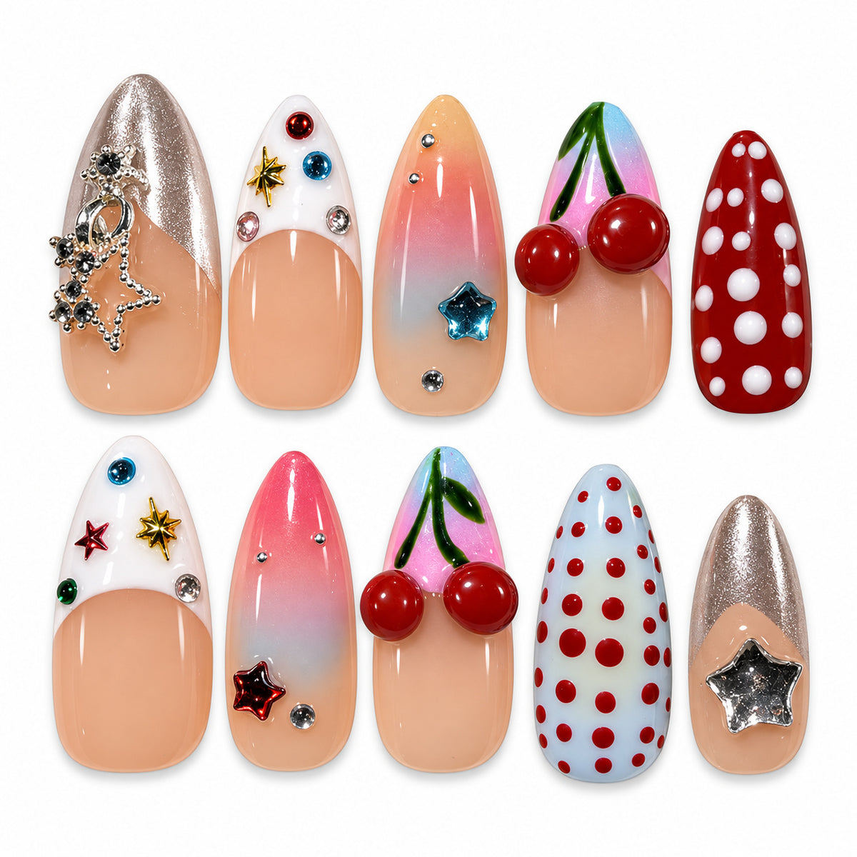 Cherry Rodeo red cherry and blush pink medium almond press-on nails