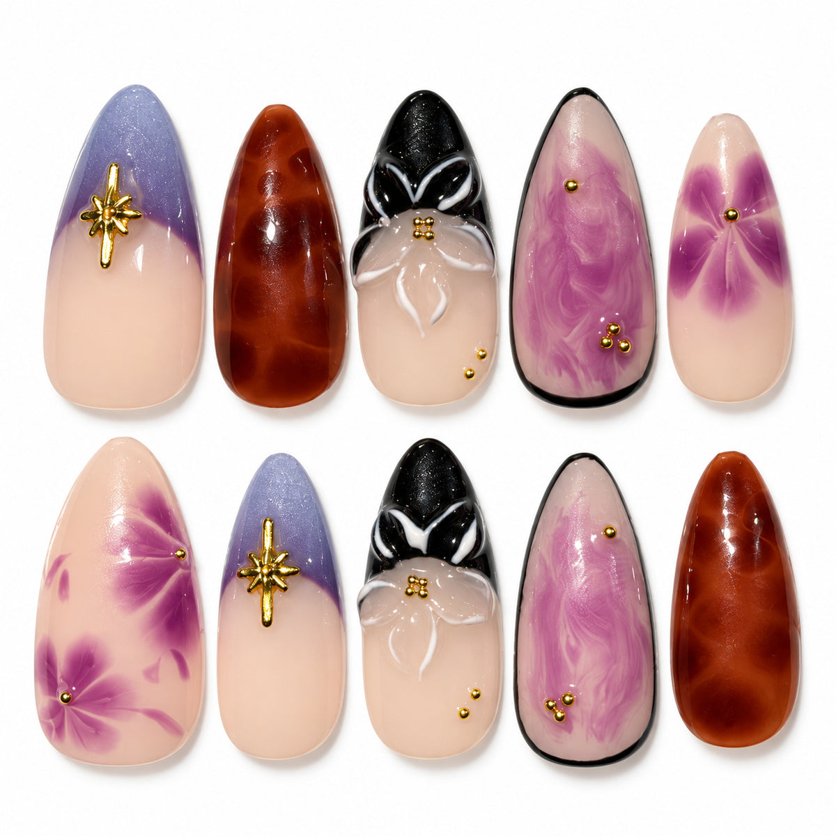Violet Tortoise lavender tortoiseshell floral bow medium almond press-on nails