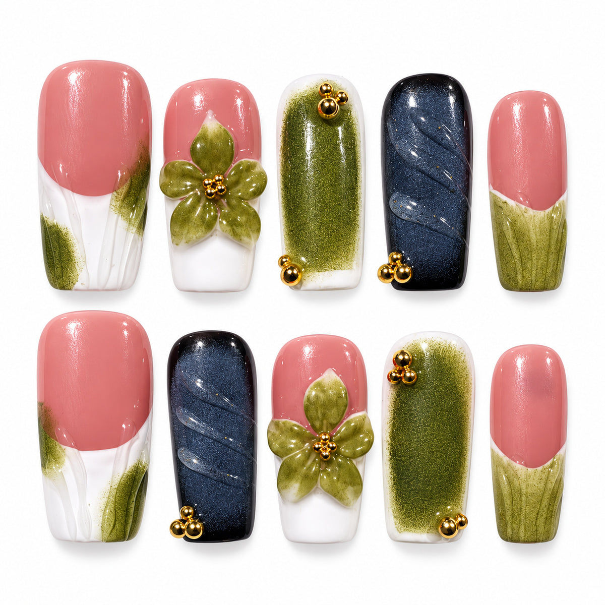 Olive Bloom pink, white and olive green floral short square press-on nails