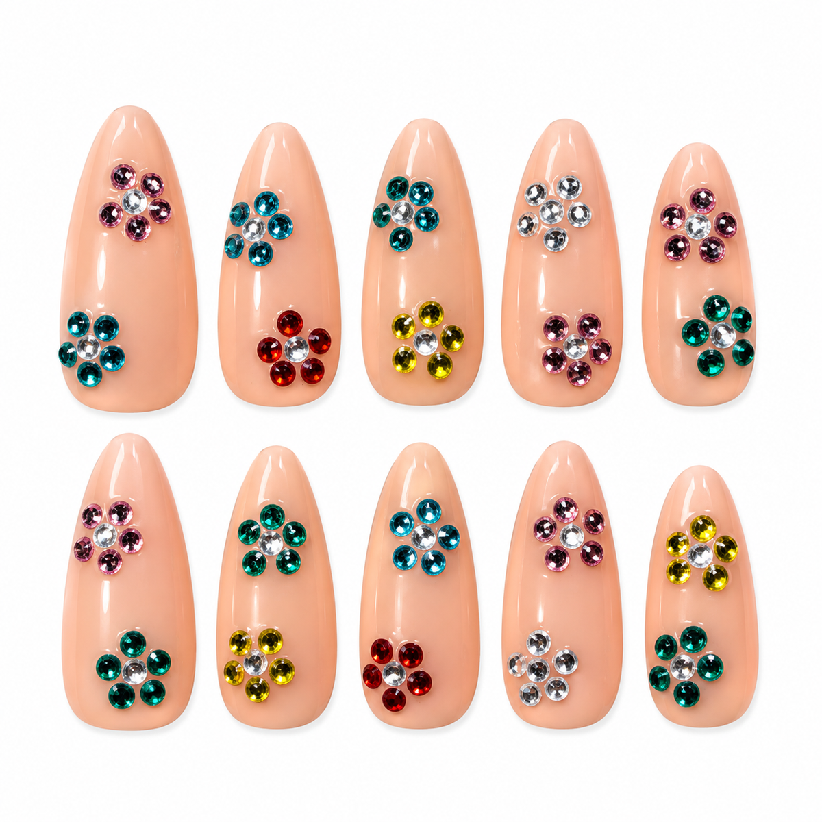 Sticker Party nude pink medium almond press-on nails with colorful rhinestone flowers