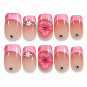 Rose pink French tip 3D floral medium square press-on nails