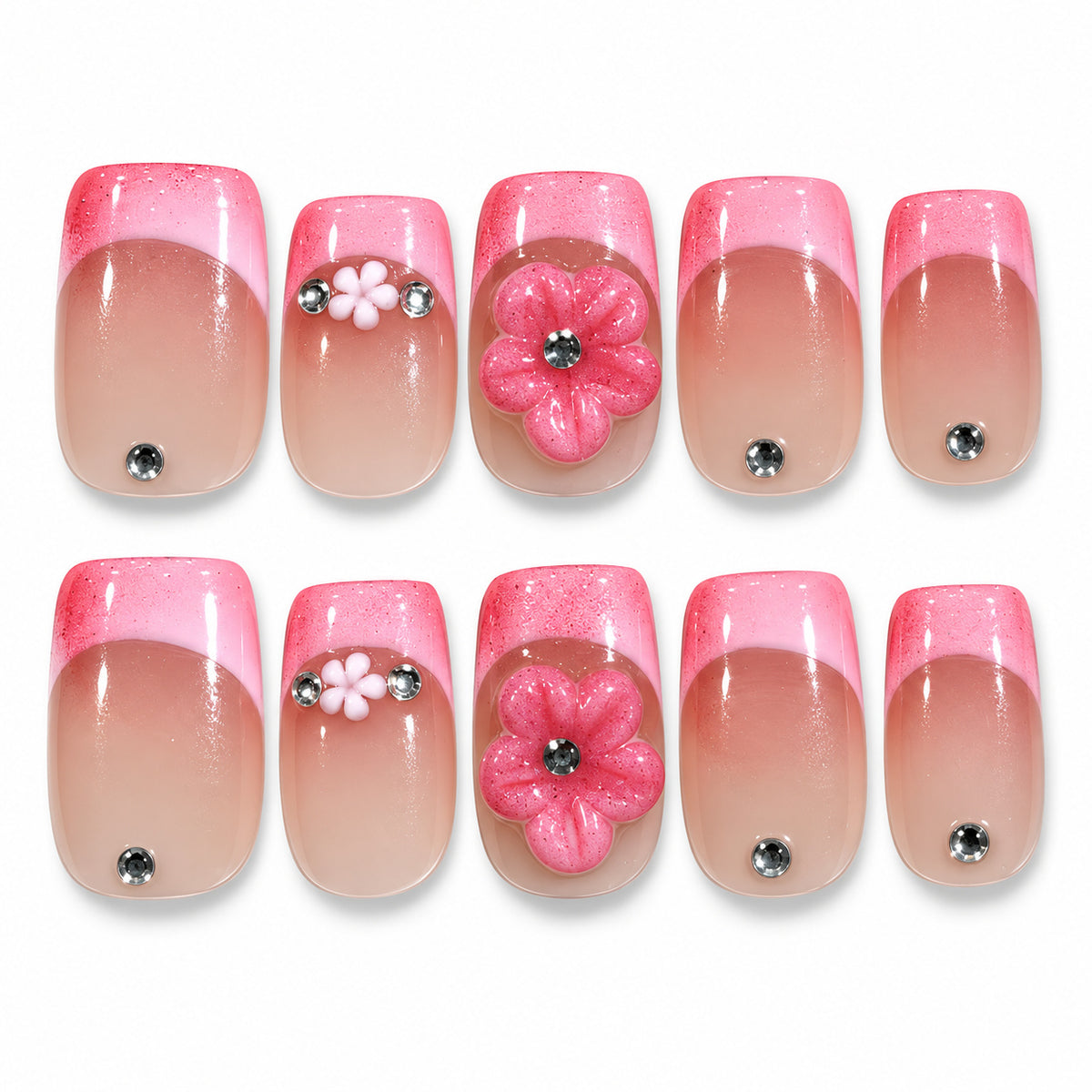 Rose pink French tip 3D floral medium square press-on nails