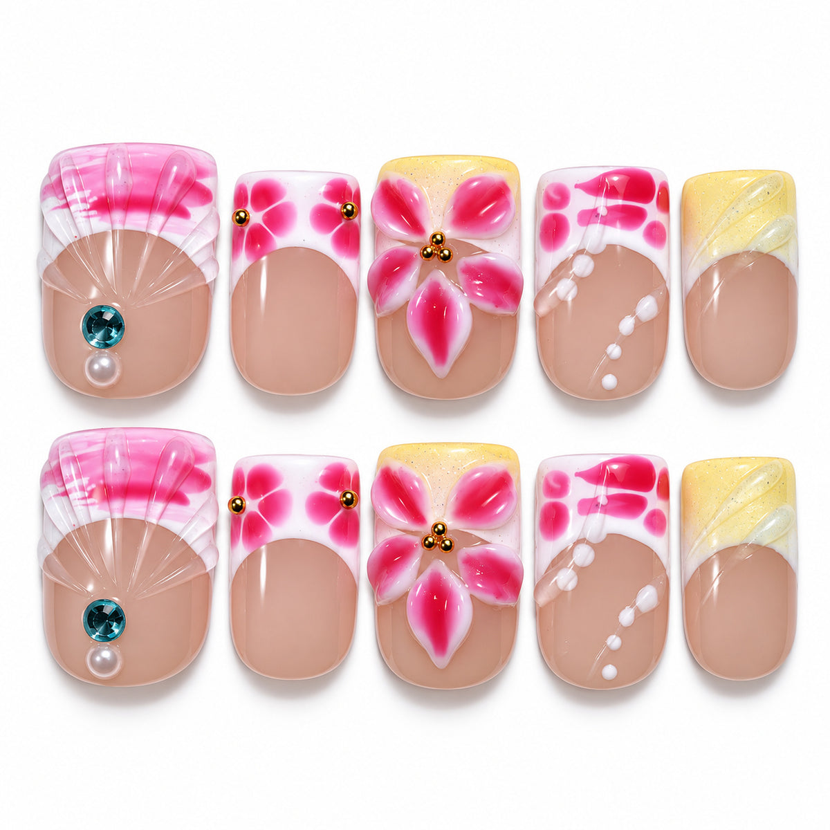 Pink heart graphic floral almond press-on nails with yellow French accents
