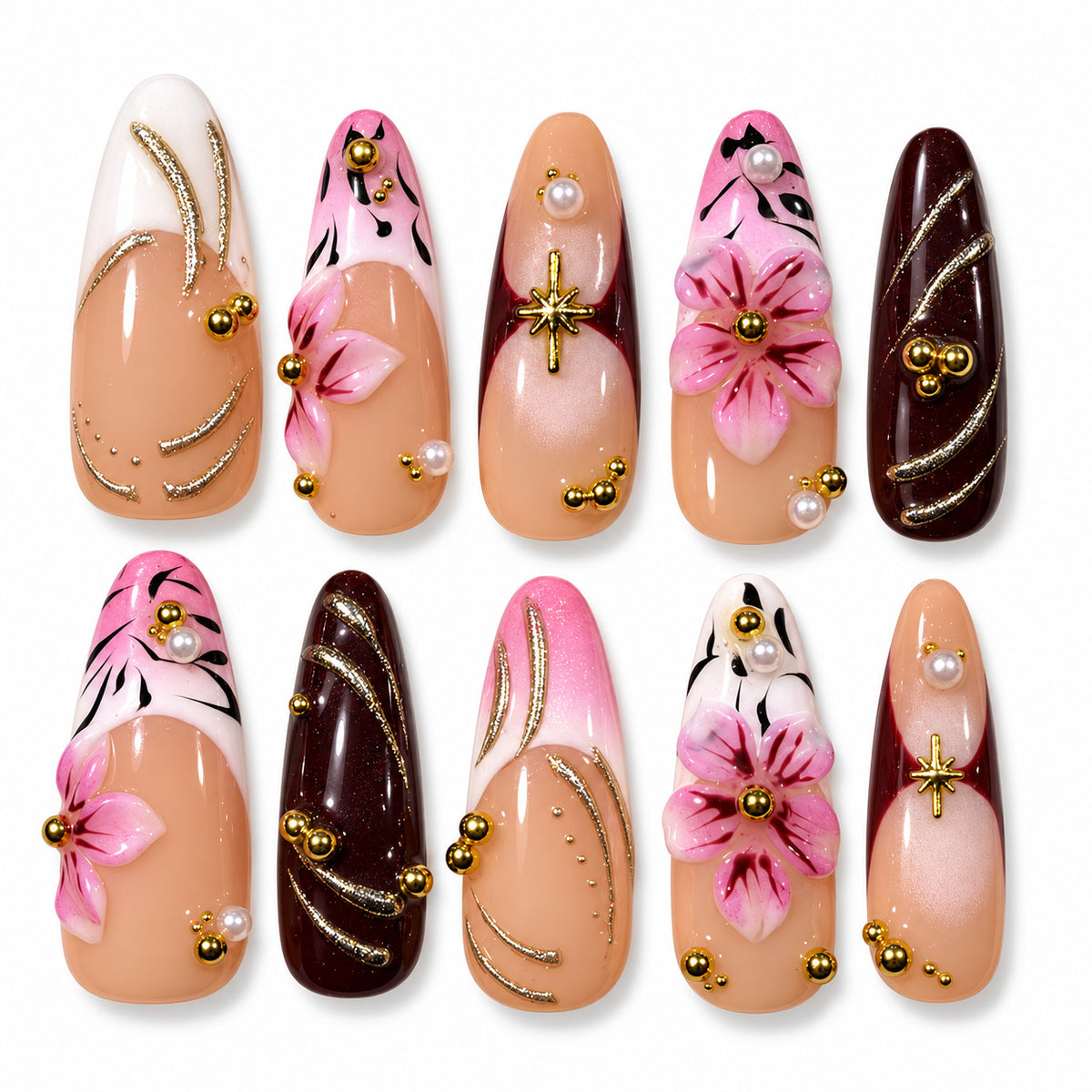 Blush and wine red floral bow almond press-on nails with gold details