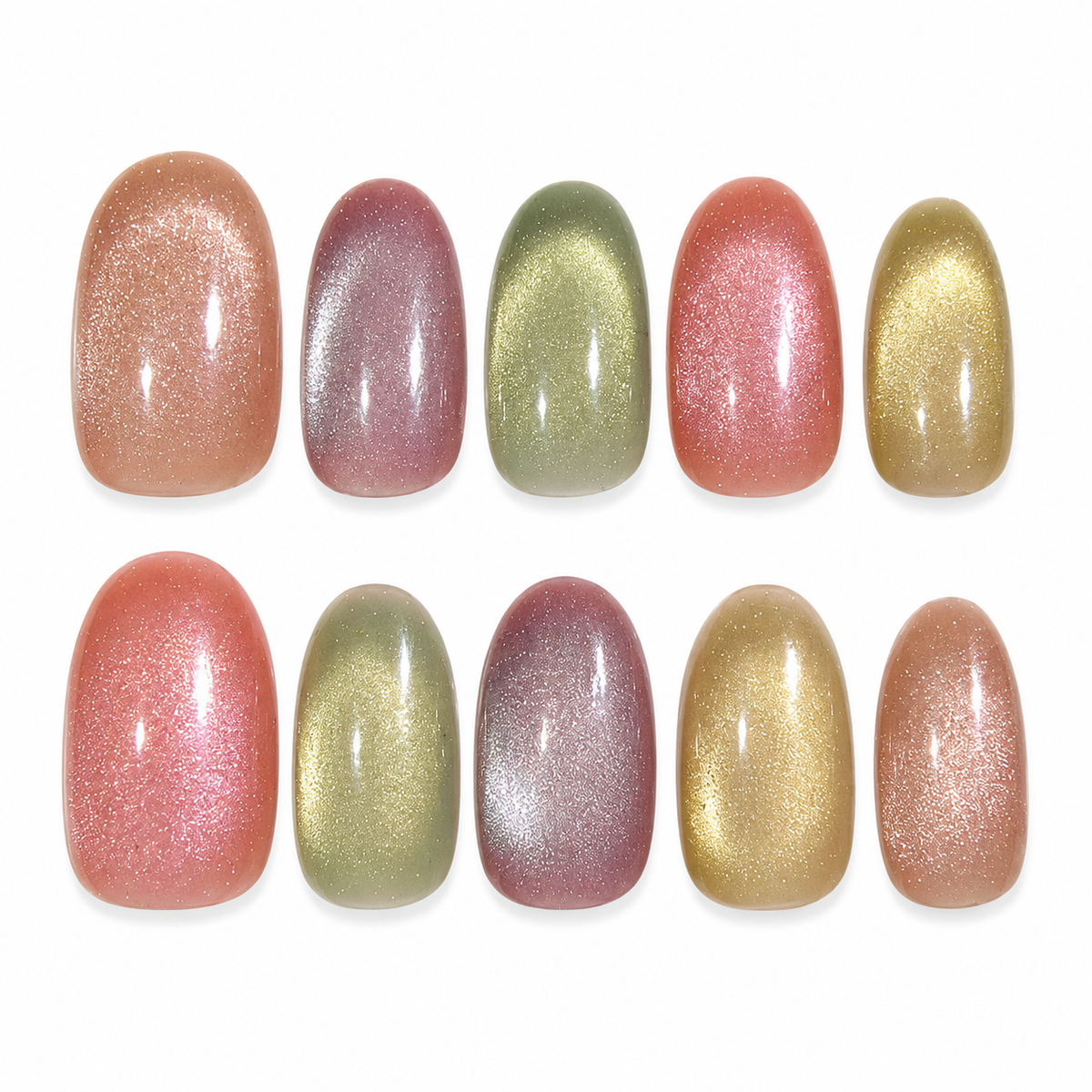 Multicolor cat eye oval press-on nails in pink, sage green, lavender and champagne