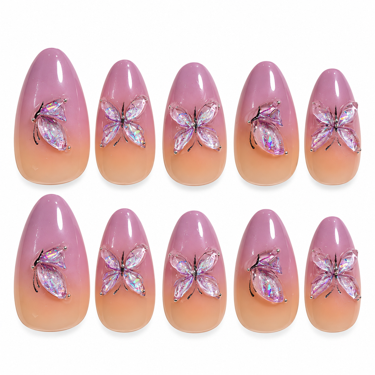Lavender butterfly ombre nude pink and lilac almond press-on nails