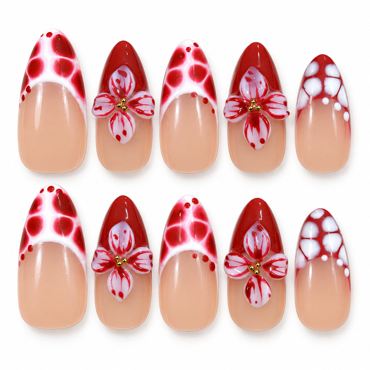 Scarlet Bloom red and white 3D floral medium almond press-on nails