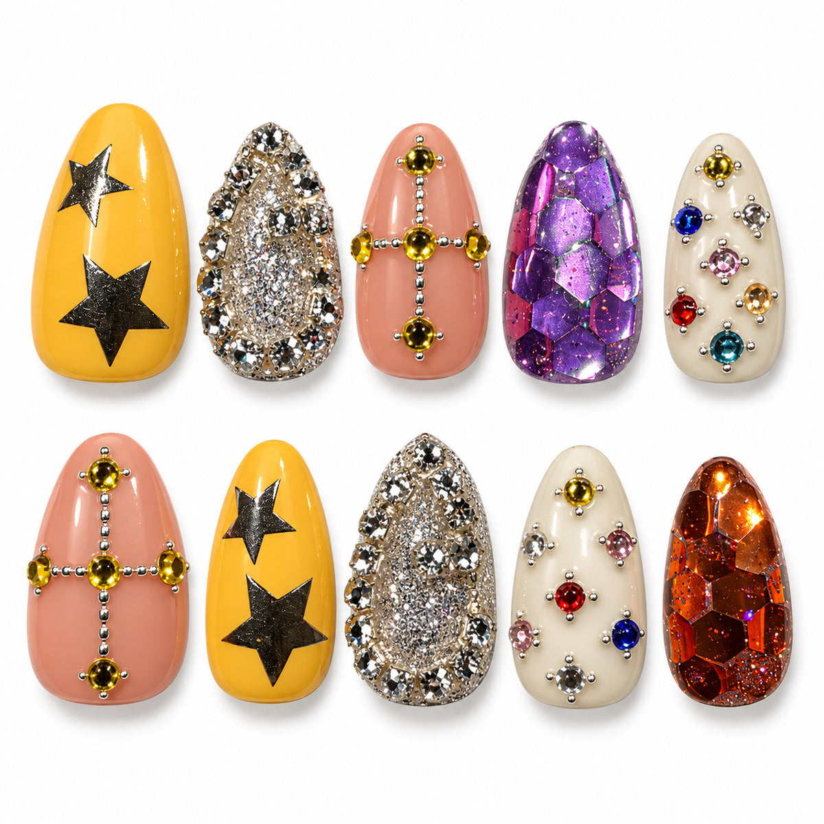 Cosmic Candy Y2K jeweled medium almond press-on nails with celestial details