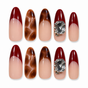 Wine Tortoise burgundy tortoiseshell French tip extra-long oval press-on nails