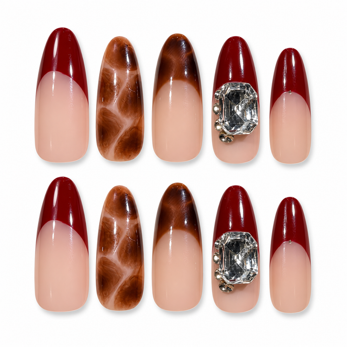 Wine Tortoise | Handcrafted Tortoise French Extra-Long Oval Press-On Nails