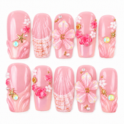 Lily Blush pink 3D floral square press-on nails with pearls and gold accents