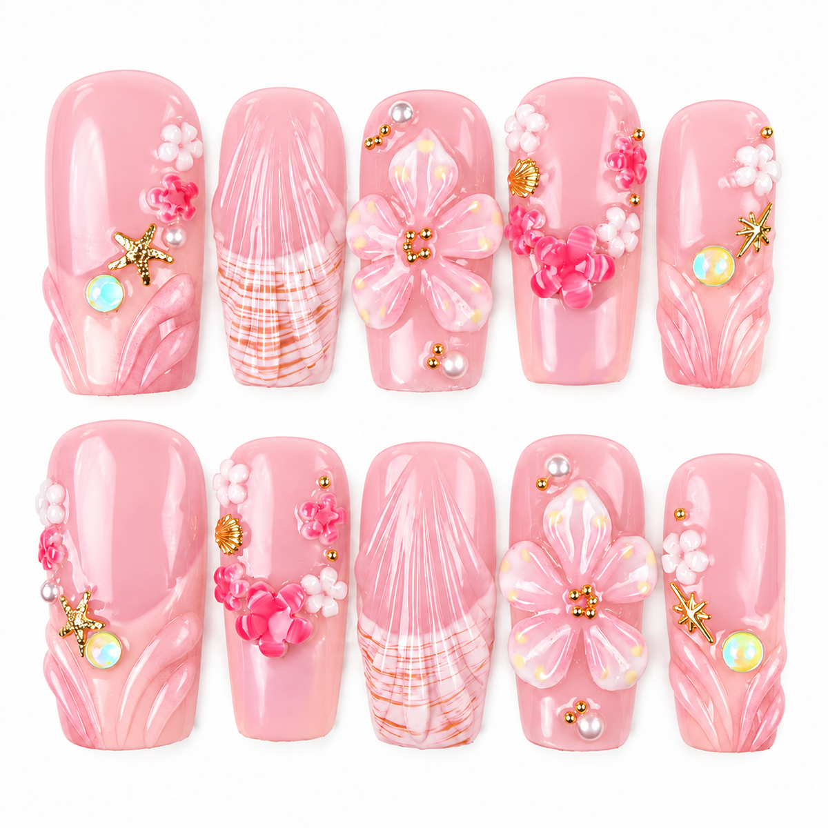 Lily Blush pink 3D floral square press-on nails with pearls and gold accents