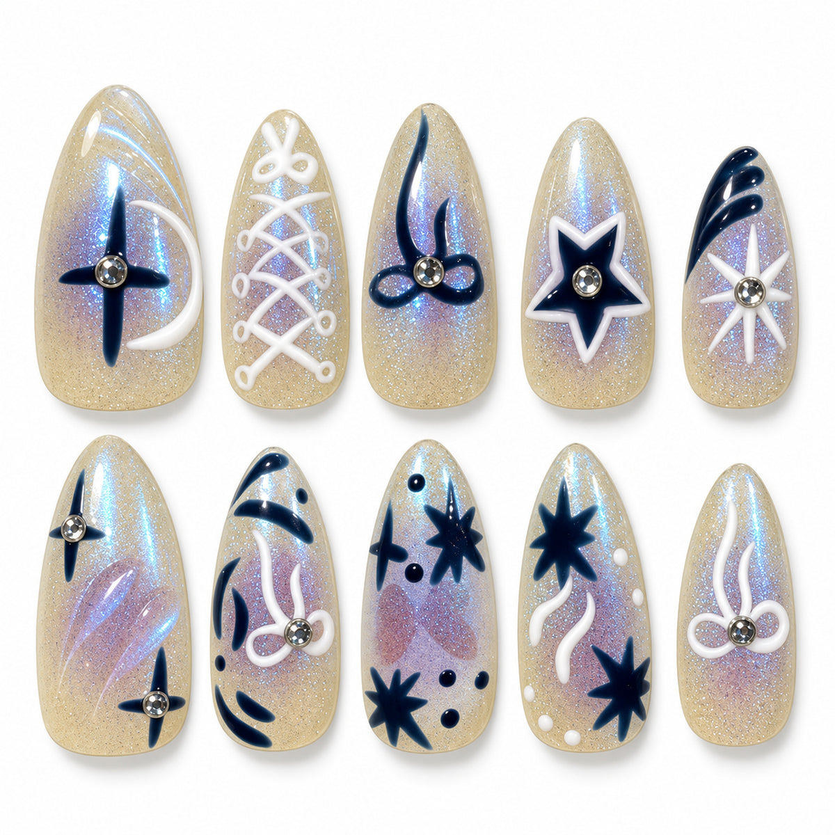 Blue Comet icy blue chrome celestial long almond press-on nails