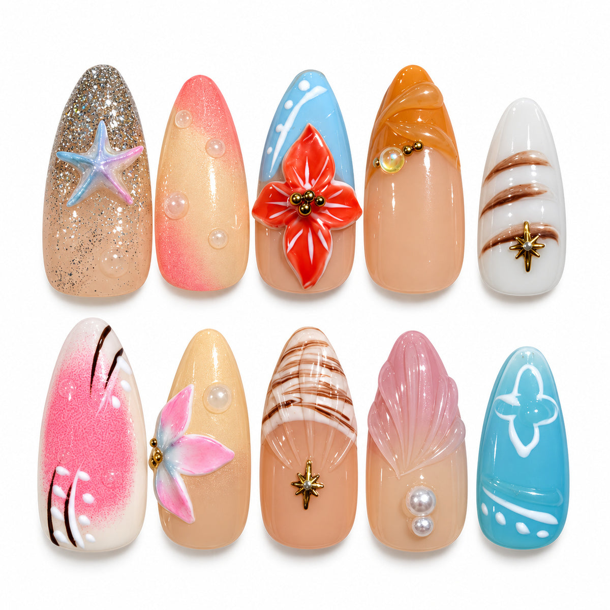 Pastel tropical shell and floral almond press-on nails