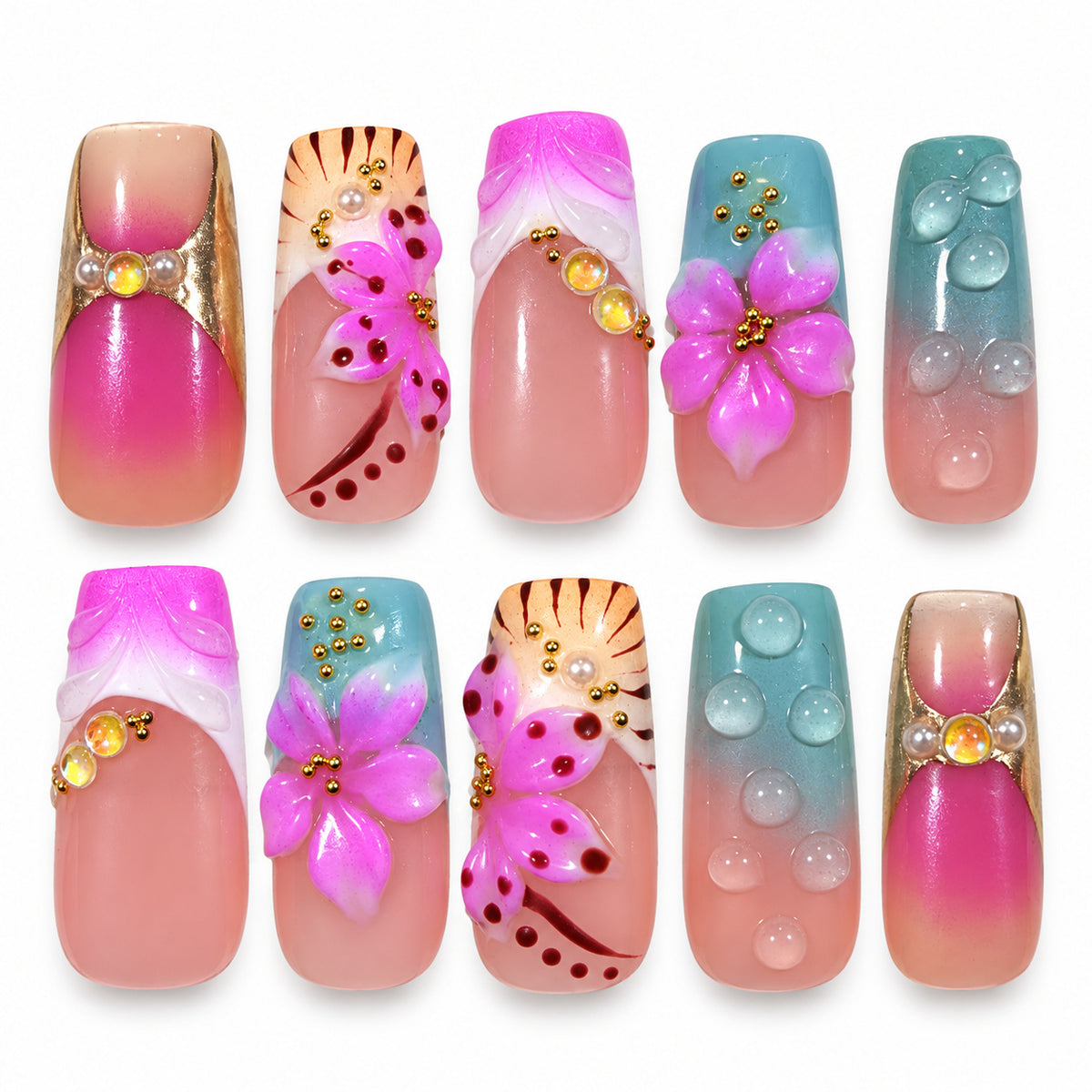 Candy Garden pink and aqua blue 3D floral long square press-on nails