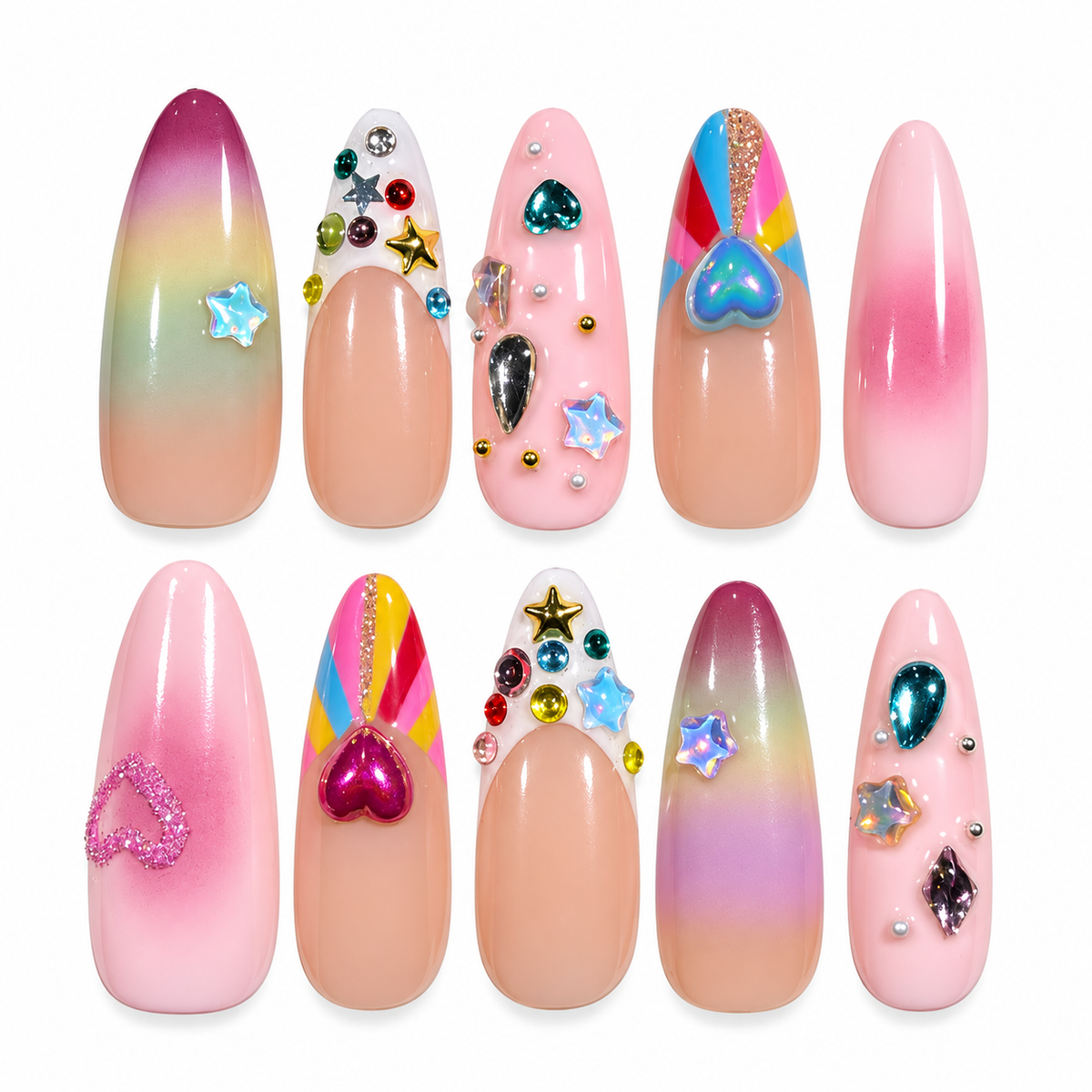 Sugar Pop pastel rainbow crystal heart Y2K medium almond press-on nails