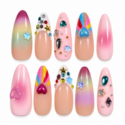 Sugar Pop pastel rainbow crystal heart Y2K medium almond press-on nails