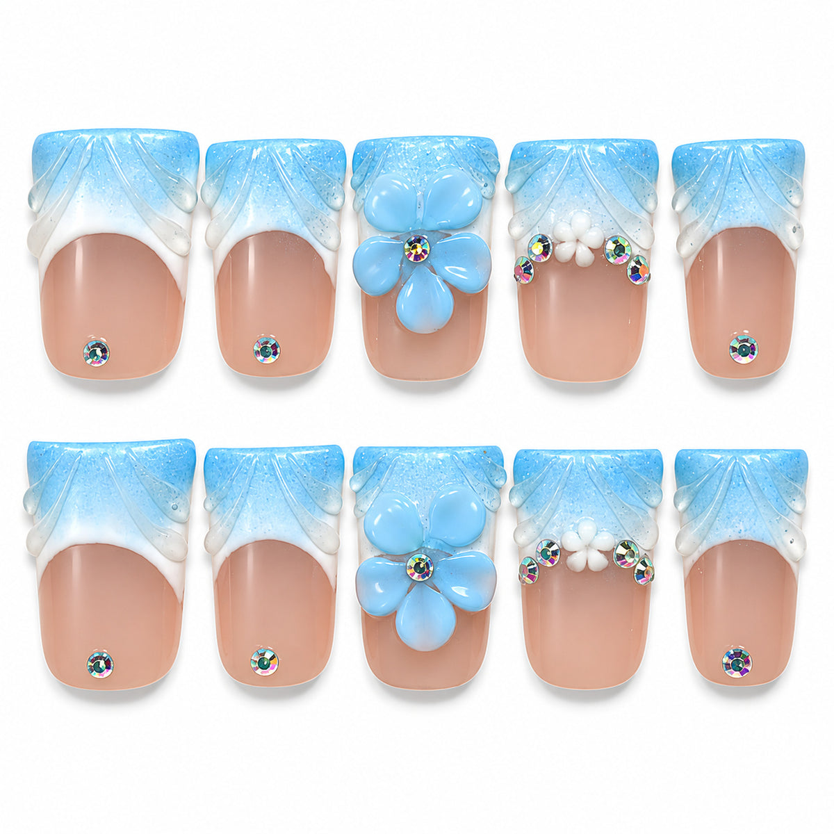 Baby blue French tip square press-on nails with a 3D flower and rhinestones