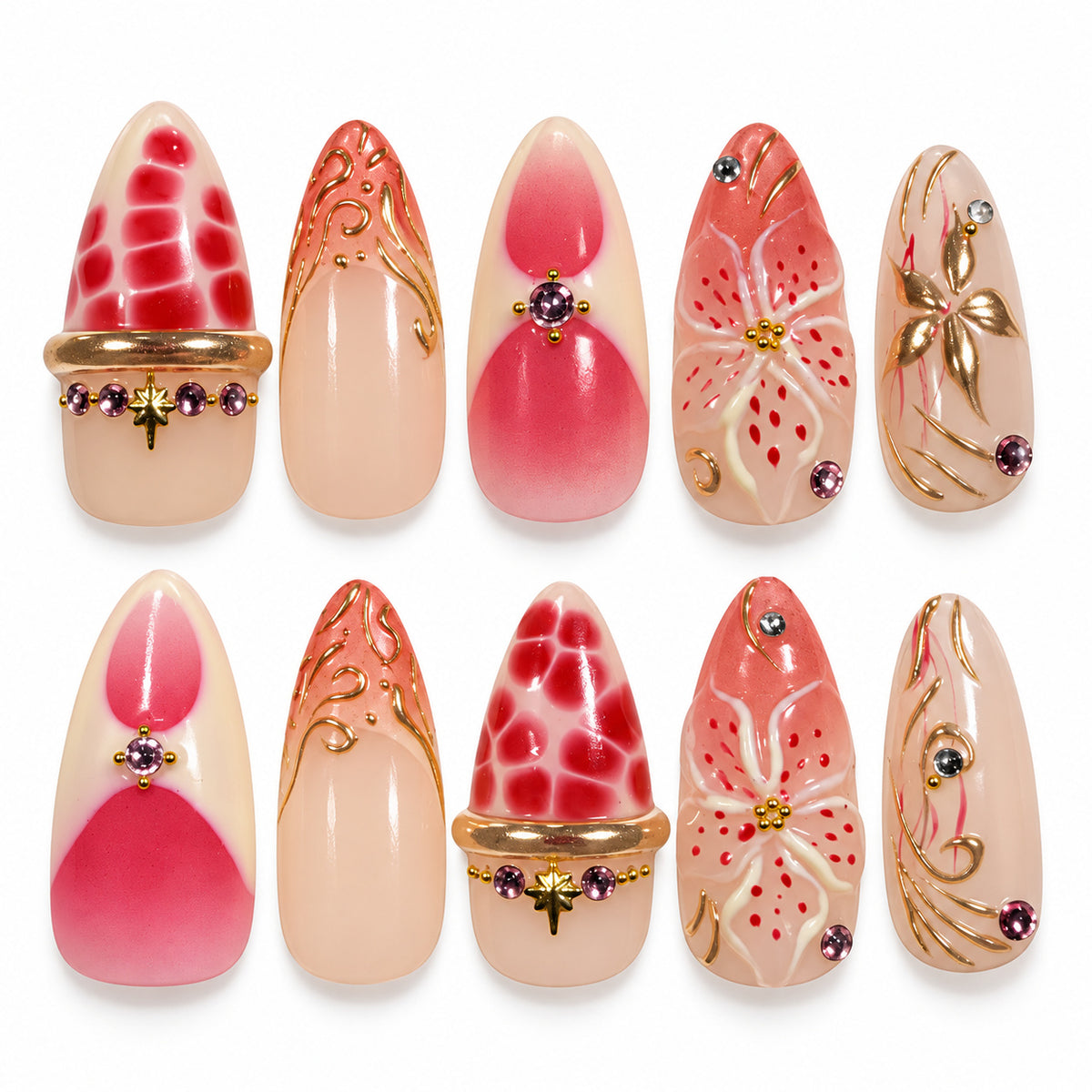 Strawberry Bloom nude pink and berry red floral medium almond press-on nails