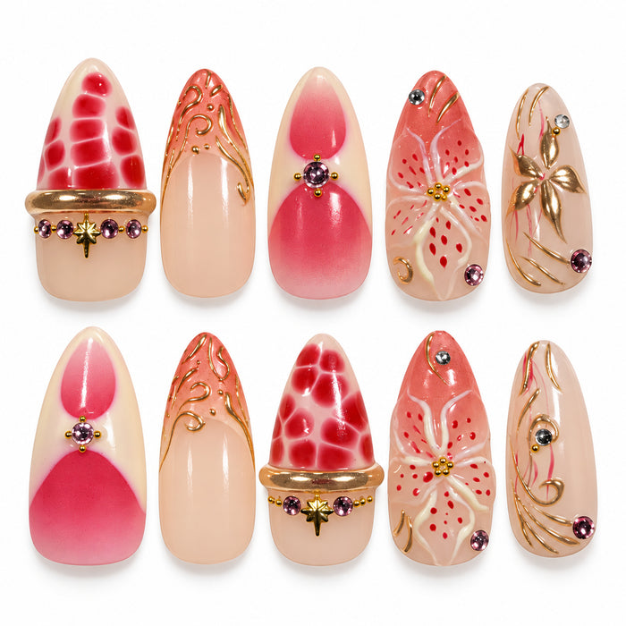 Handcrafted Strawberry Bloom Pink Floral Medium Almond Press-On Nails