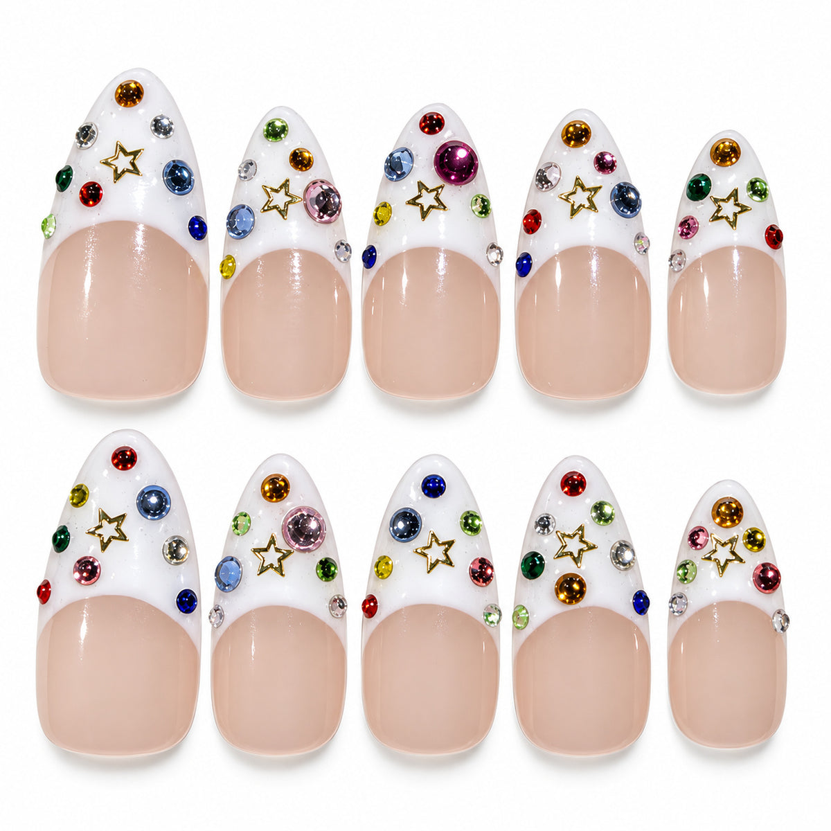 White French tip almond press-on nails with colorful rhinestones and star accents