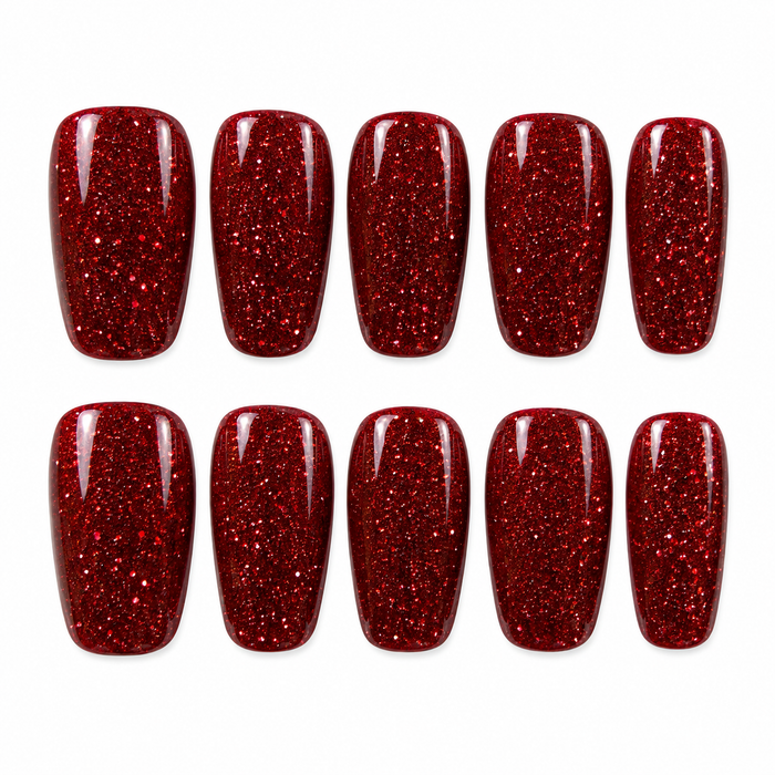 Scarlet Spark – Ruby Red Glitter Medium Square Press-On Nails