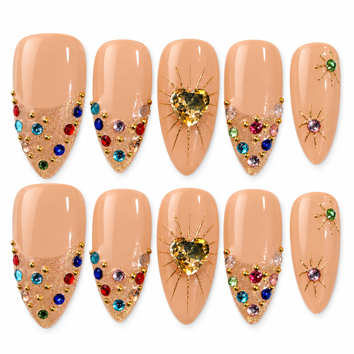 Golden Heart peach nude jewel almond press-on nails with a gold heart and crystals