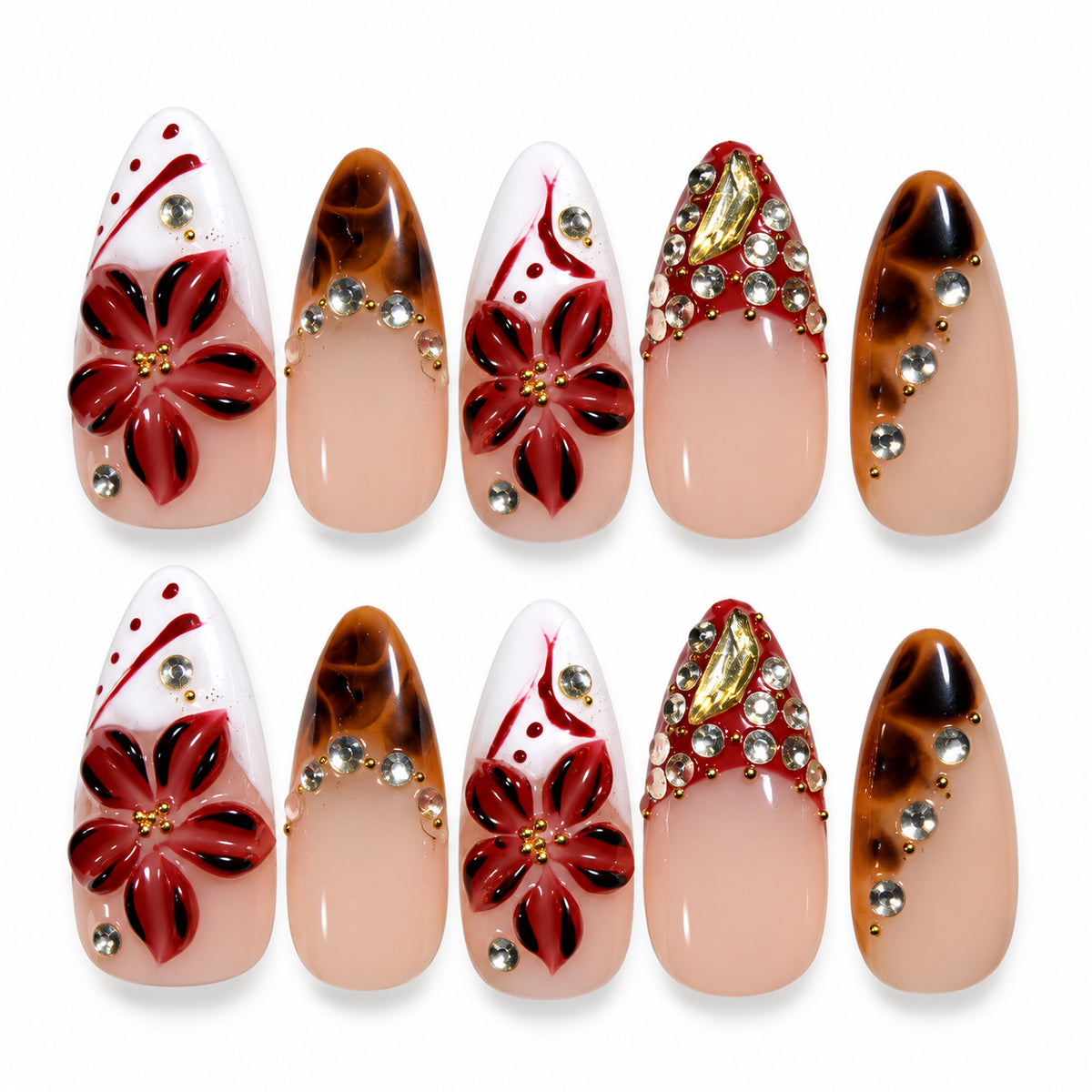Red French tip floral tortoiseshell stiletto press-on nails