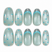 Ice Halo icy blue cat eye silver glitter French tip oval press-on nails