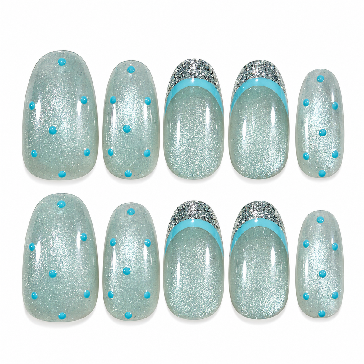 Ice Halo icy blue cat eye silver glitter French tip oval press-on nails