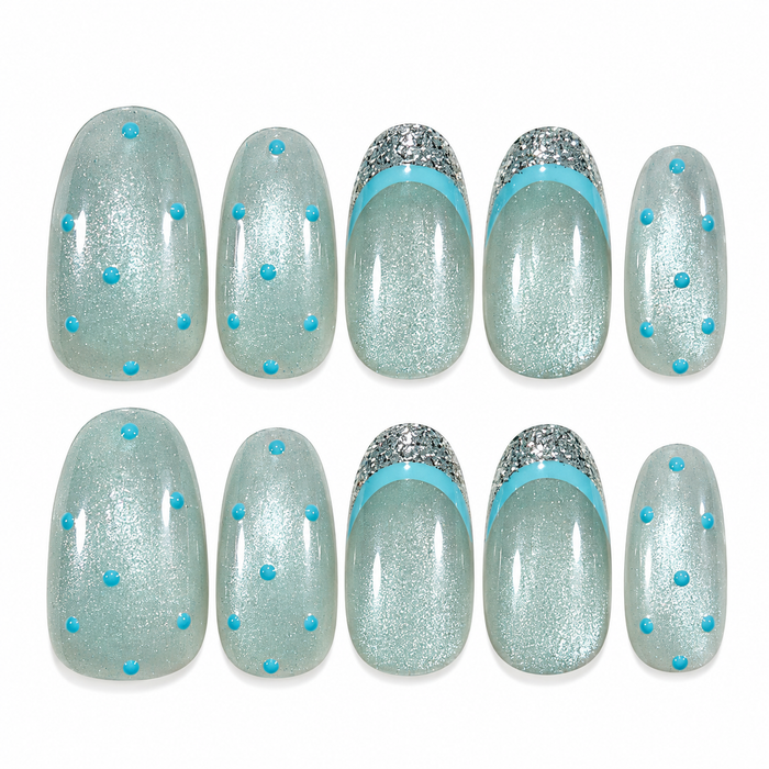 Ice Halo | Handcrafted Icy Blue Cat Eye & Glitter French Oval Press-On Nails