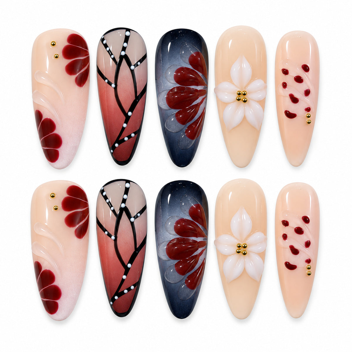 Crimson Wings deep red and black butterfly 3D floral press-on nails