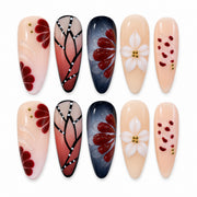 Crimson Wings deep red and black butterfly 3D floral press-on nails