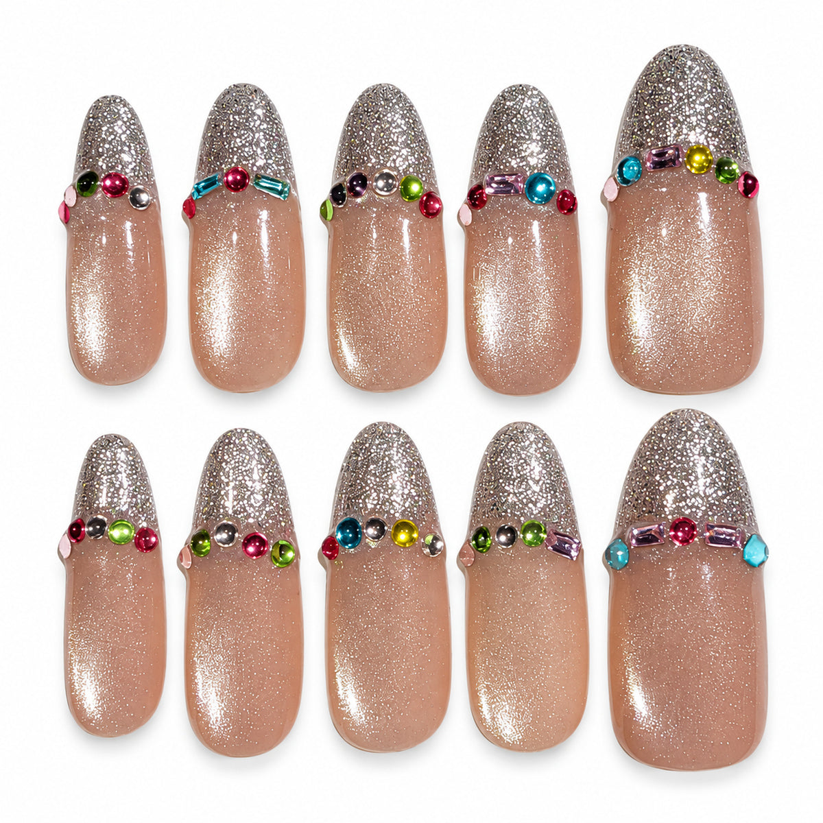Silver Veil nude pink and silver French tip medium oval press-on nails with rhinestones