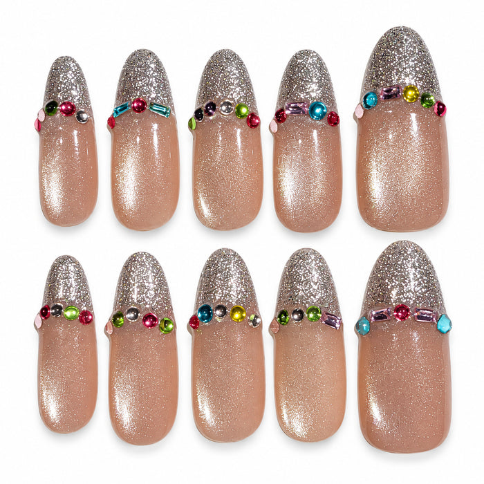 Silver Veil | Handcrafted Metallic French Medium Oval Press-On Nails