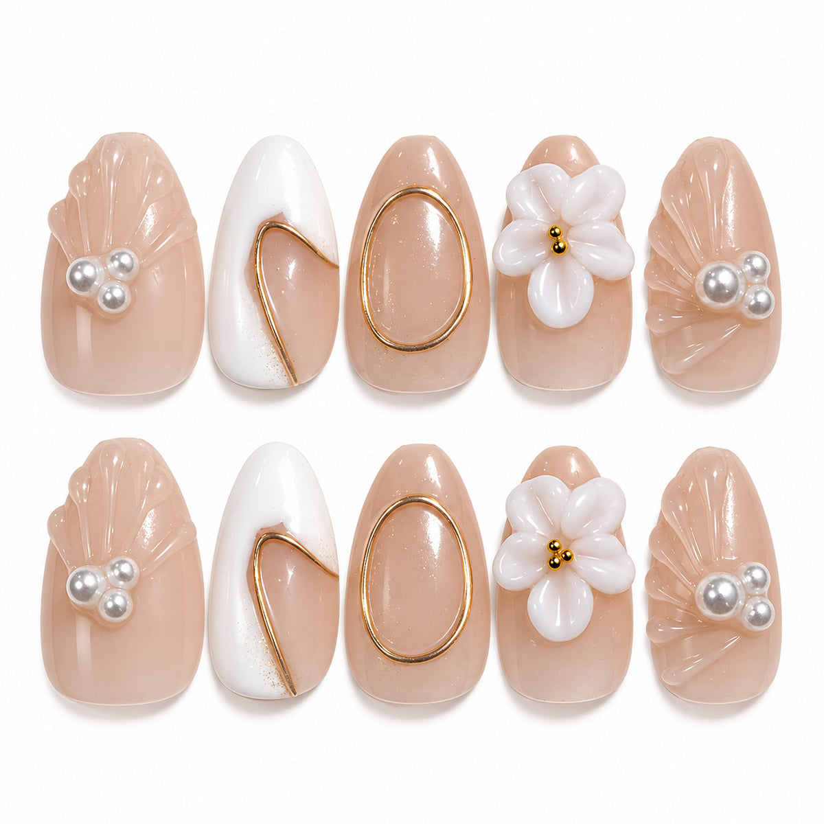 Nude pink and white 3D floral shell medium almond press-on nails with pearls and gold accents