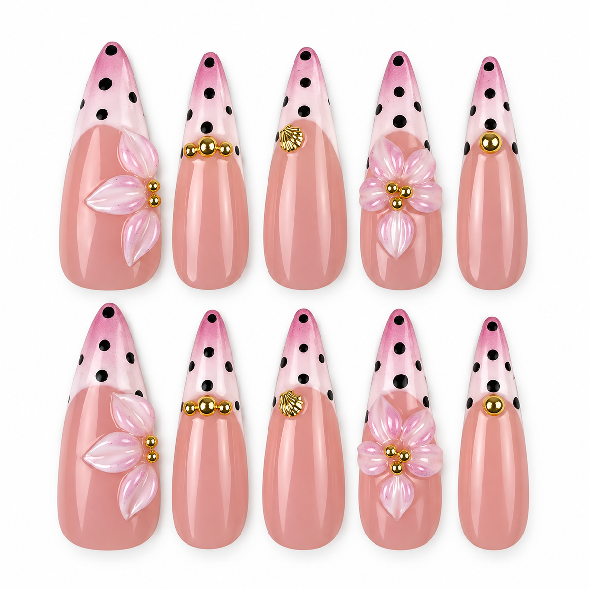 Blush Polka pink polka dot French tip floral almond press-on nails