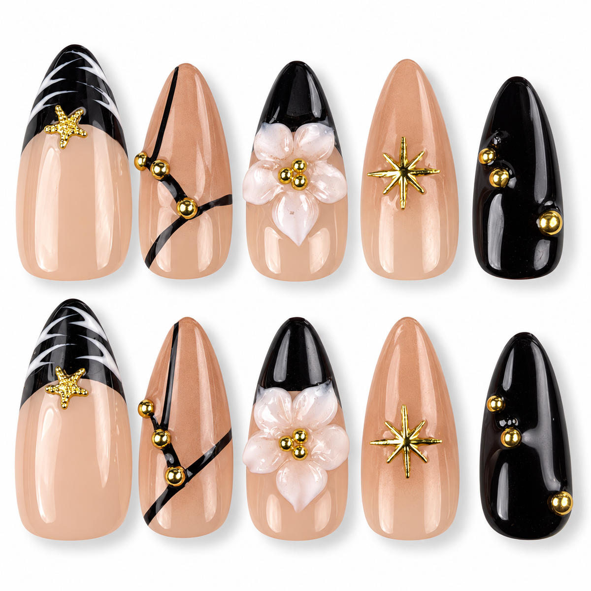 Starry Noir black French tip star and floral almond press-on nails