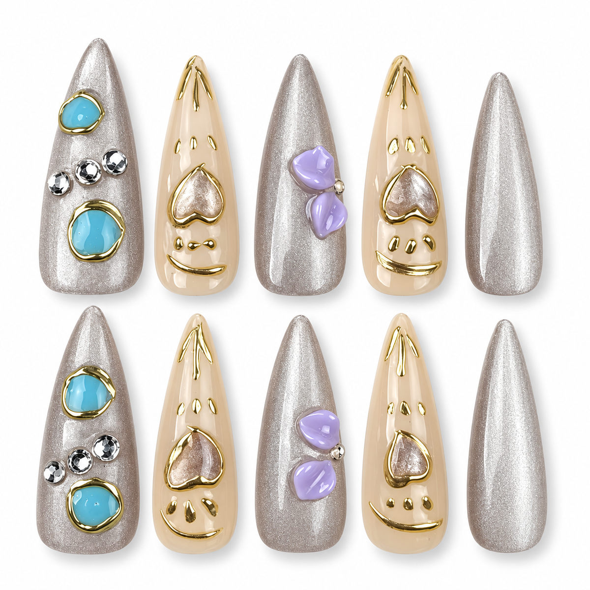 Silver Muse silver chrome stiletto press-on nails with turquoise stones and a heart charm