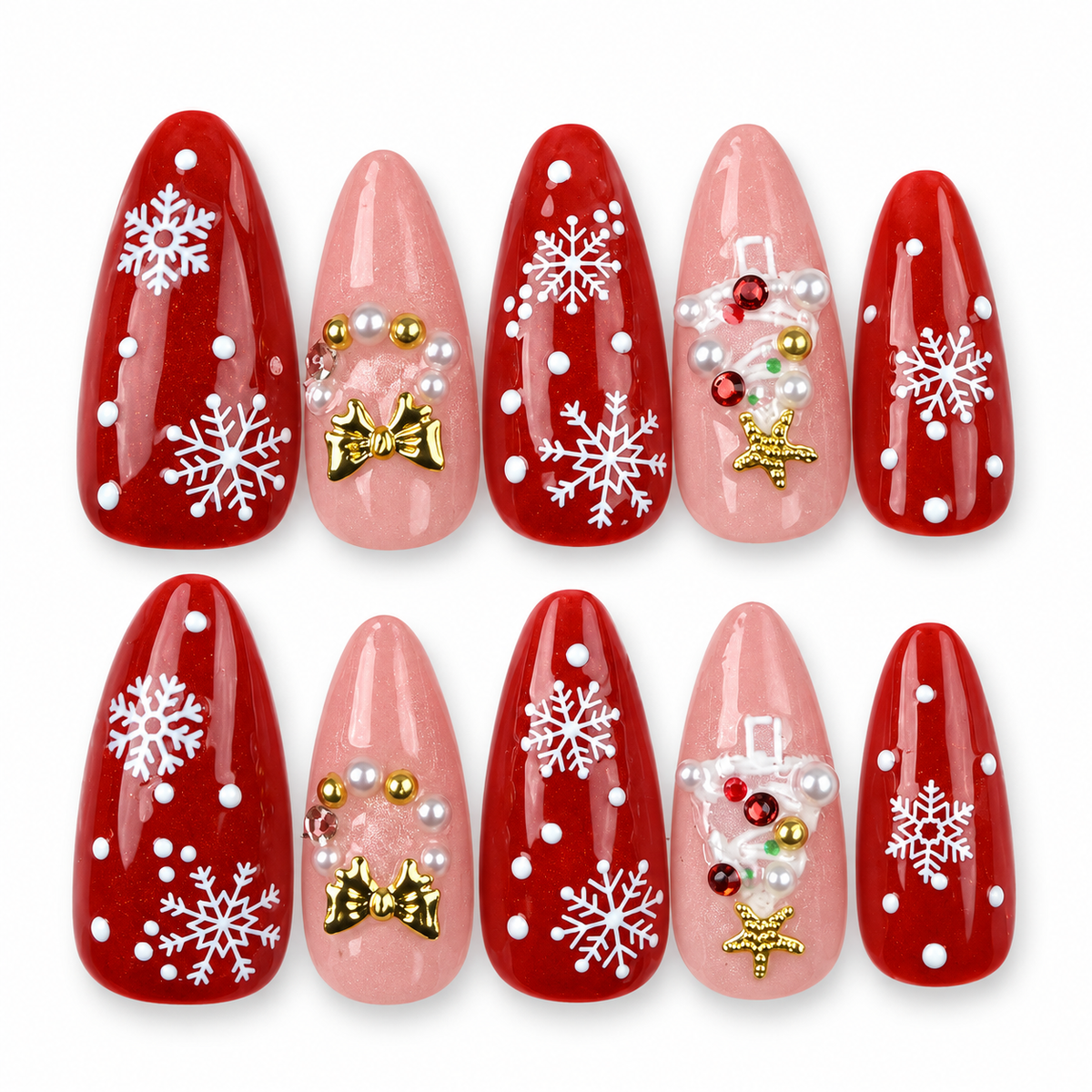 Scarlet Snowfall red and pink snowflake Christmas almond press-on nails