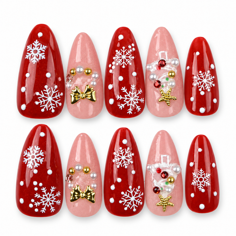 Scarlet Snowfall | Red & Pink Christmas Almond Press-On Nails