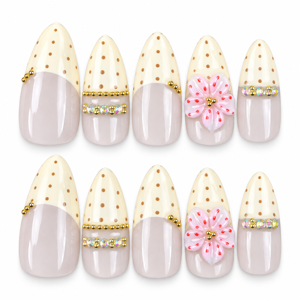 Vanilla Bloom cream French and pink floral almond press-on nails