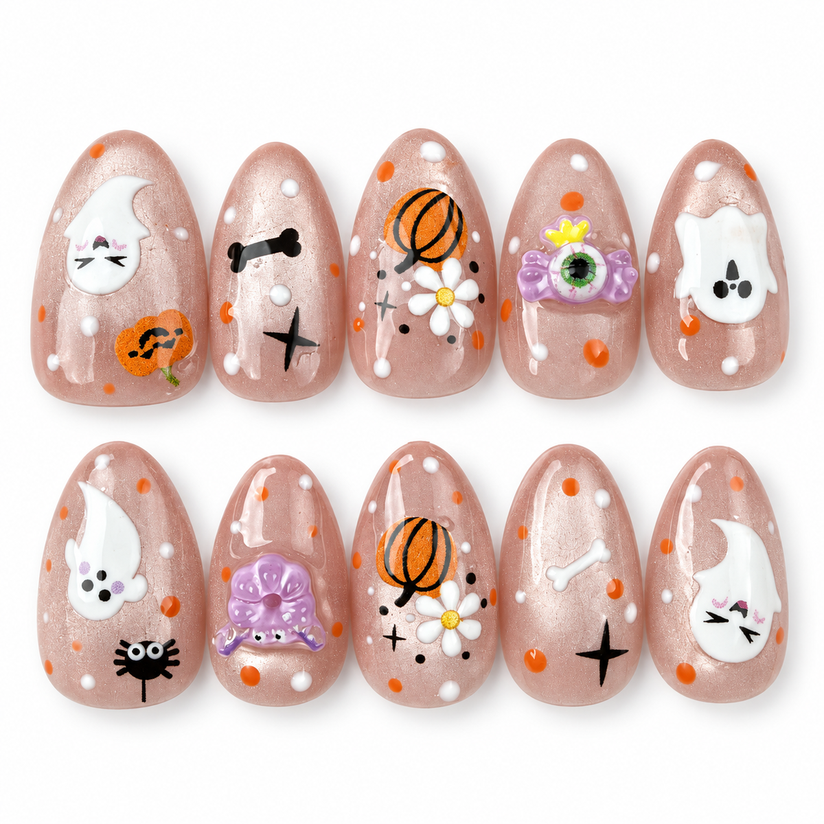 Pastel Haunt nude almond press-on nails with cute ghost and pumpkin Halloween designs