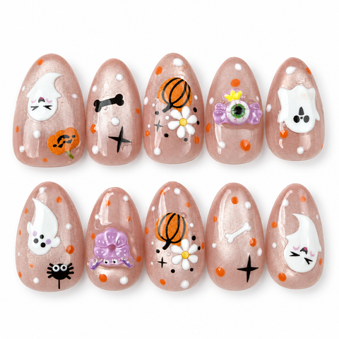 Pastel Haunt | Nude Halloween Motif Almond Press-On Nails