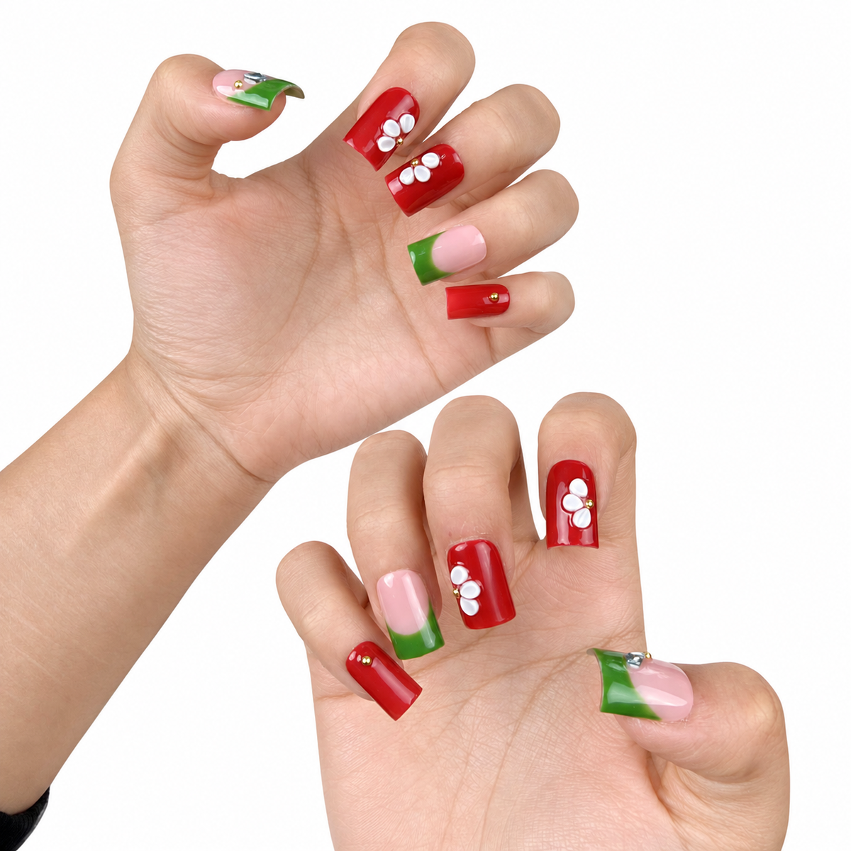 Hands wearing Garden Contrast red, green and white floral square press-on nails