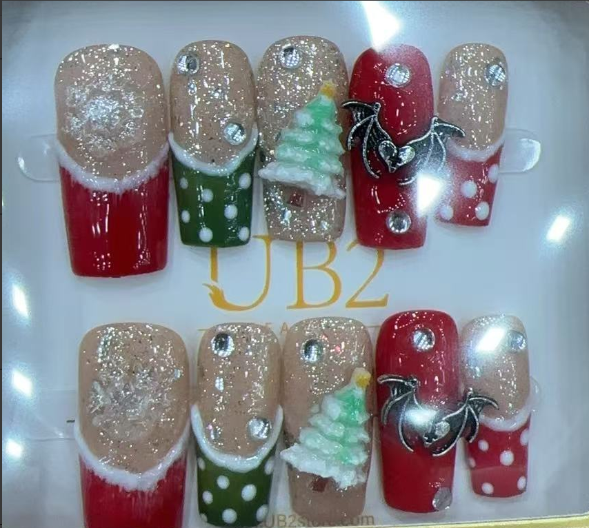 Gingerbread Party Christmas press-on nails set displayed in a UB2 tray