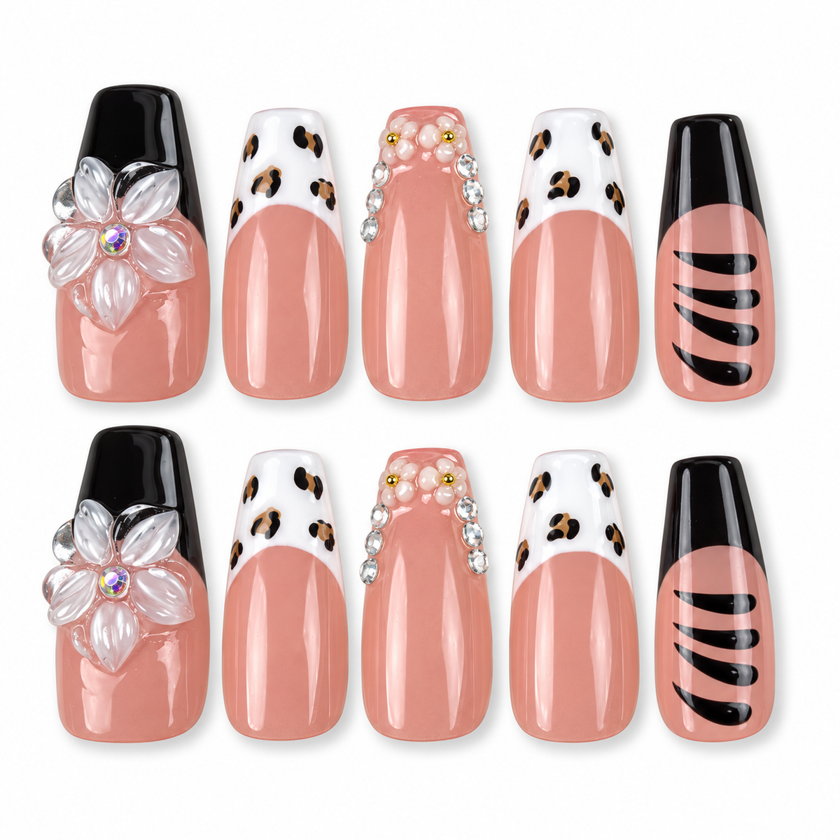 Noir Bouquet black French tip and pale pink floral square press-on nails