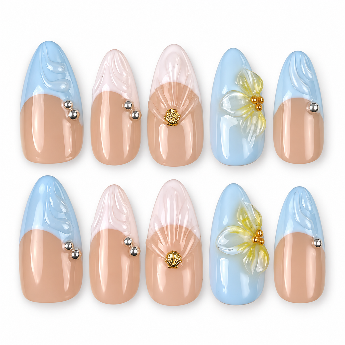 Seaside Petals light blue and nude shell floral almond press-on nails