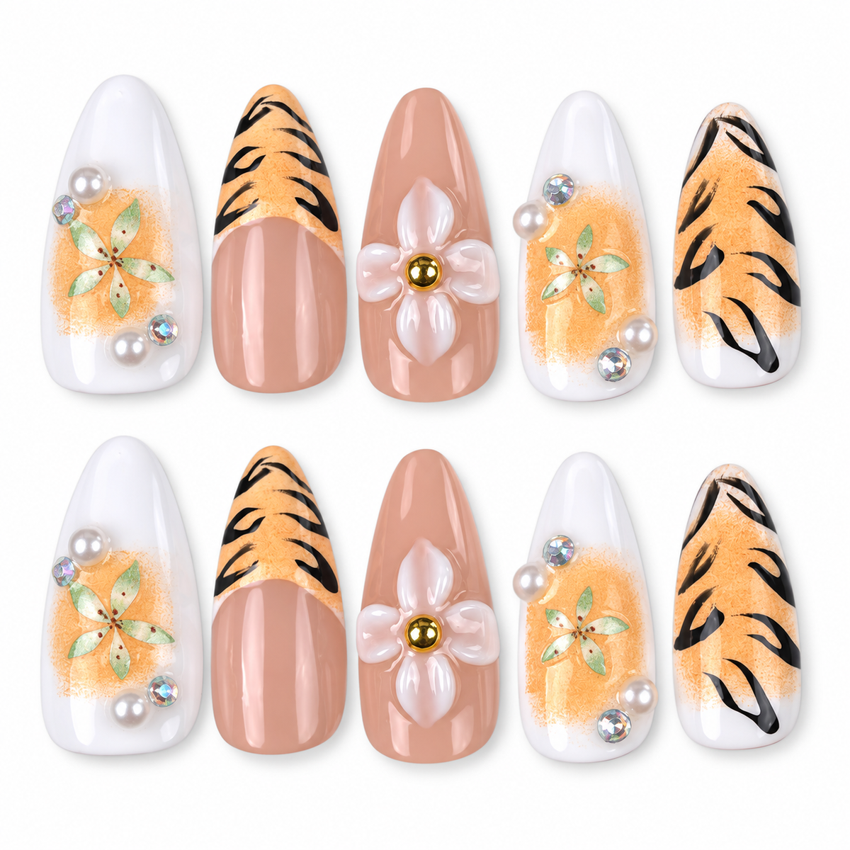 Tiger Lily orange tiger stripe and floral almond press-on nails